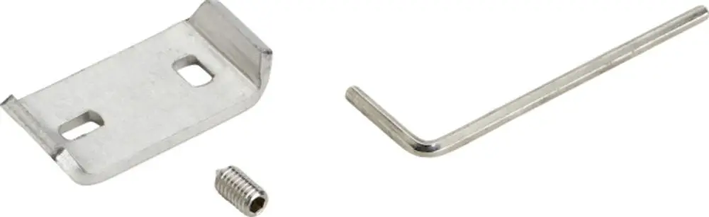 Montagezubehör von Ideal Standard, bestehend aus einer Metallplatte, einem Sechskantschraube und einem Inbusschlüssel.